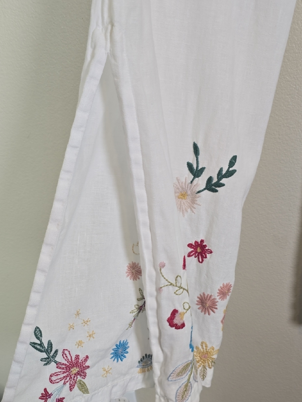 Jhonny Was Martini High Slit White Wide-Leg Linen Embroidered Floral Palazo M. - Picture 6 of 11